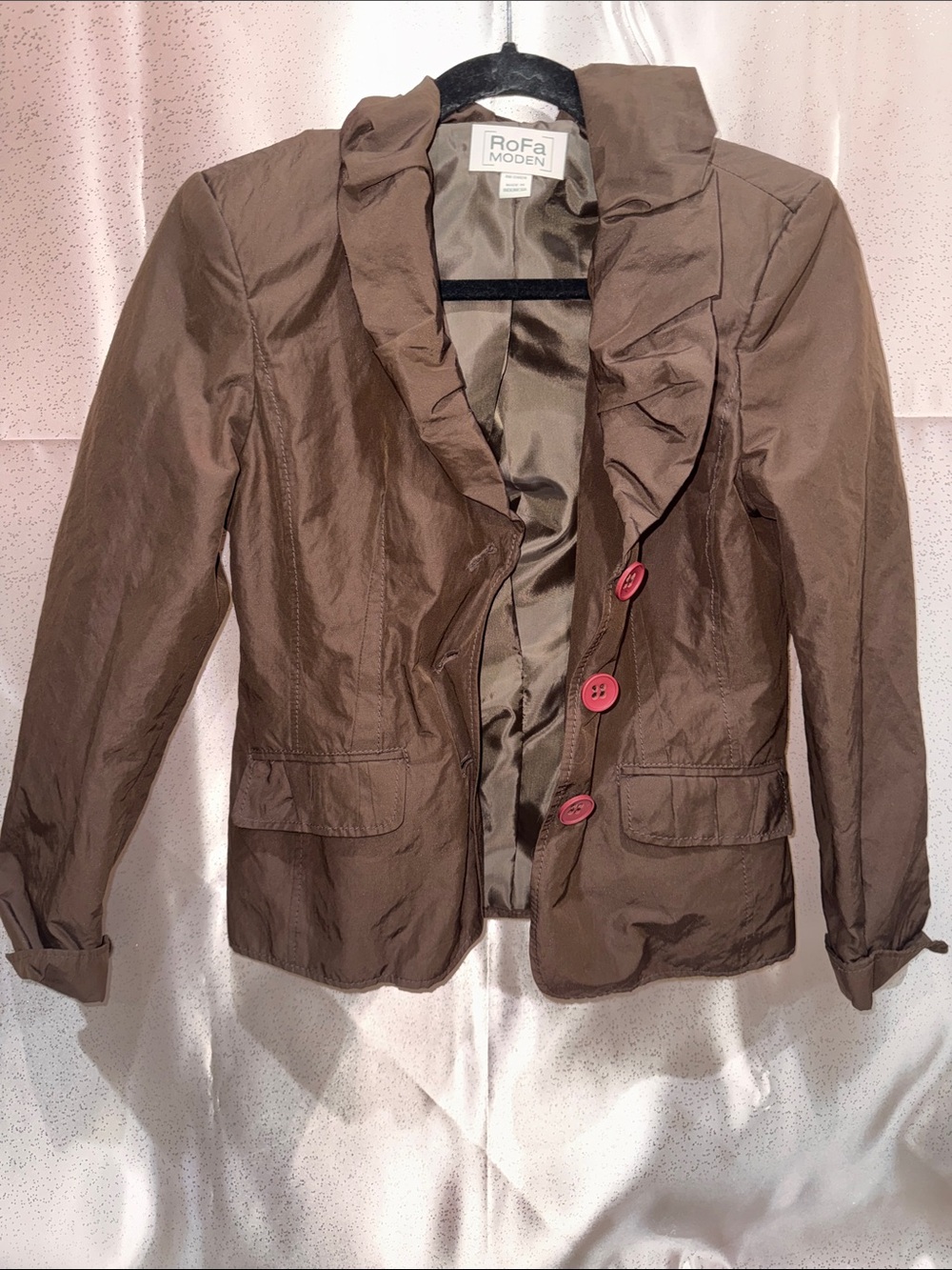 RoFa MODEN Vintage Y2K Brown Ruffle Collar Blazer Jacket Sz SMALL